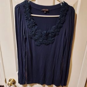 Dark Blue Knit Blouse With Floral & Bead Detail - Size M